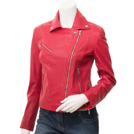 WOMEN'S RED LEATHER BIKER JACKET: INGLIS