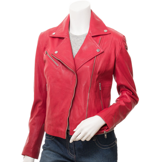 WOMEN'S RED LEATHER BIKER JACKET: INGLIS