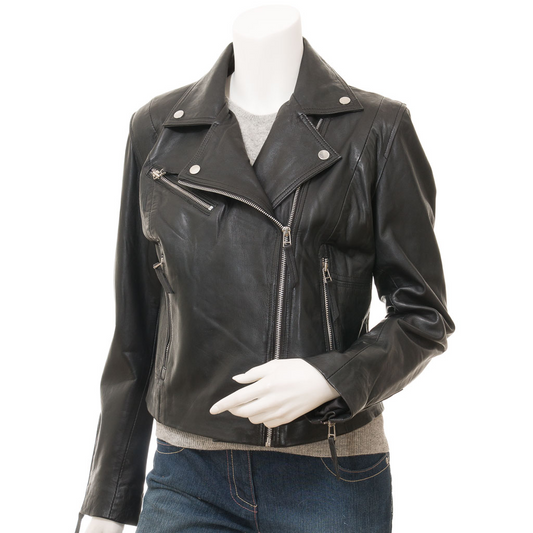 WOMEN'S BLACK LEATHER BIKER JACKET: INGLIS