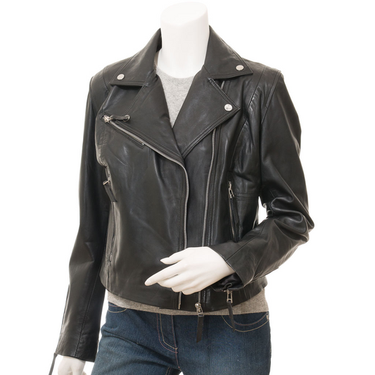 WOMEN'S BLACK LEATHER BIKER JACKET: INGLIS