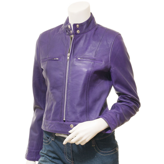 WOMEN'S PURPLE LEATHER BIKER JACKET: LABELLE