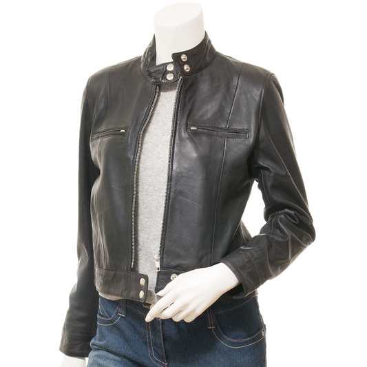 WOMEN'S BLACK LEATHER BIKER JACKET: LABELLE