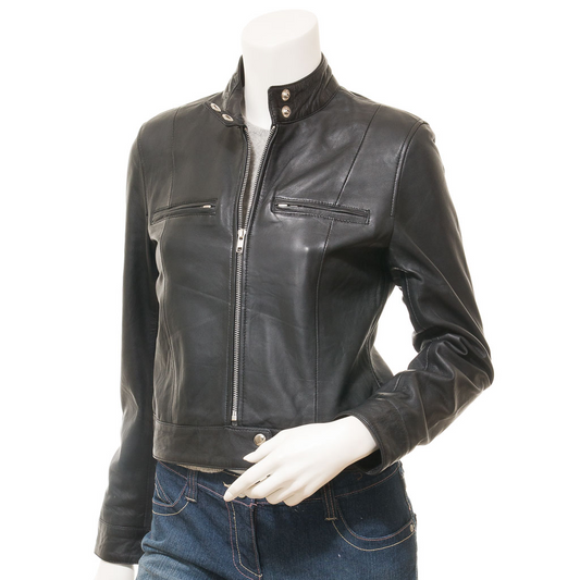 WOMEN'S BLACK LEATHER BIKER JACKET: LABELLE