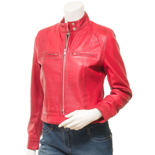 WOMEN'S RED LEATHER BIKER JACKET: LABELLE