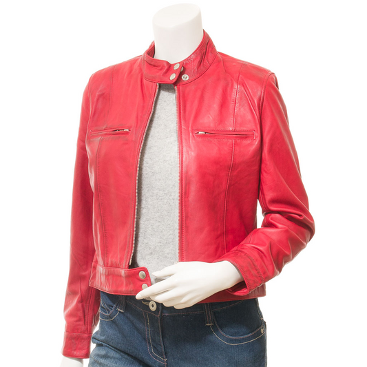 WOMEN'S RED LEATHER BIKER JACKET: LABELLE