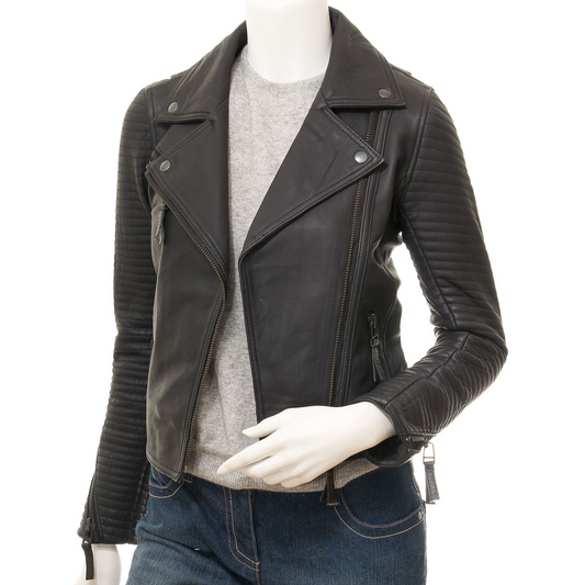 WOMEN'S BLACK LEATHER BIKER JACKET: LANTANA