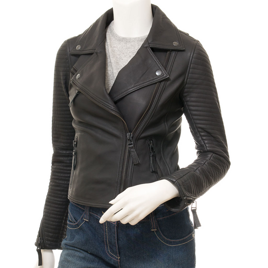 WOMEN'S BLACK LEATHER BIKER JACKET: LANTANA