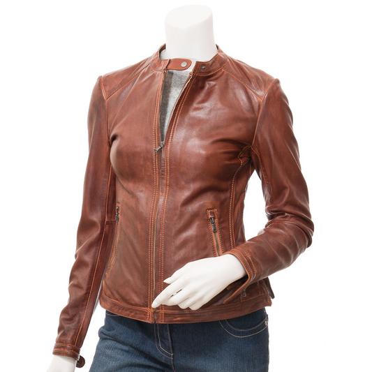 WOMEN'S TAN LEATHER BIKER JACKET: MALONE