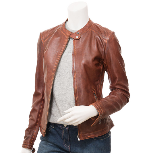 WOMEN'S TAN LEATHER BIKER JACKET: MALONE