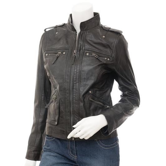 WOMEN'S BLACK BIKER LEATHER JACKET : MARGATE