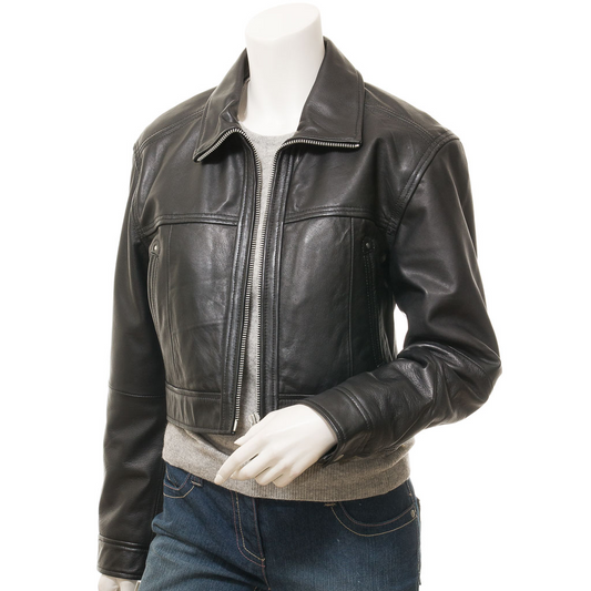 WOMEN'S CROPPED BLACK LEATHER JACKET: MASCOTTE