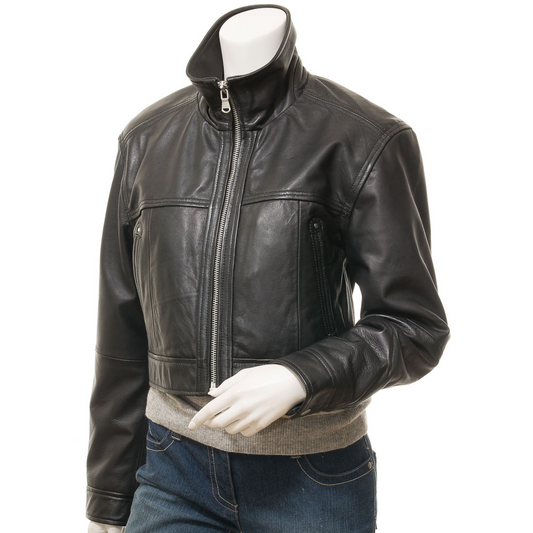 WOMEN'S CROPPED BLACK LEATHER JACKET: MASCOTTE