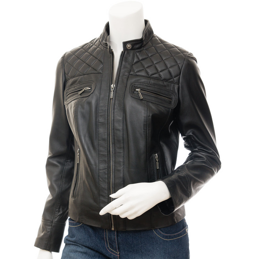 WOMEN'S BLACK BIKER LEATHER JACKET: MEDLEY