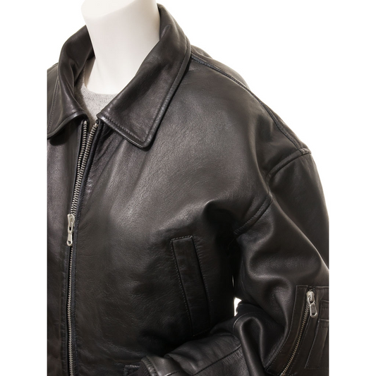 WOMEN'S BLACK LEATHER BOMBER JACKET: NOMA