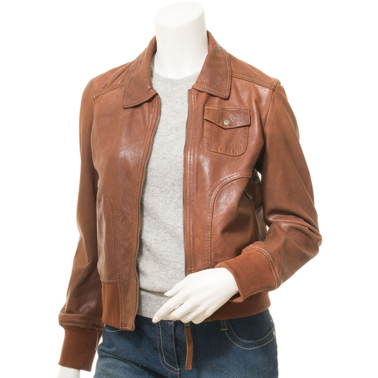 WOMEN'S TAN LEATHER BOMBER JACKET: NICEVILLE