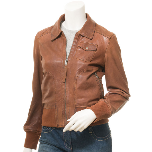 WOMEN'S TAN LEATHER BOMBER JACKET: NICEVILLE