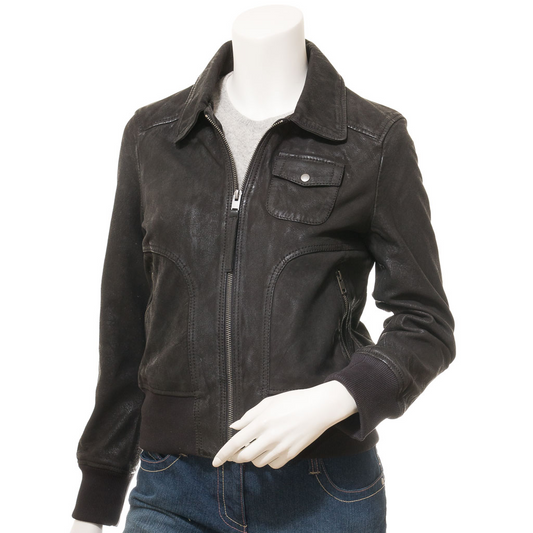 WOMEN'S BLACK LEATHER BOMBER JACKET: NICEVILLE