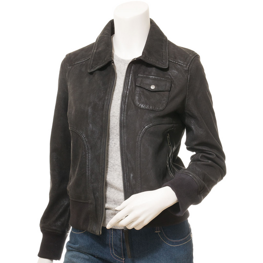 WOMEN'S BLACK LEATHER BOMBER JACKET: NICEVILLE