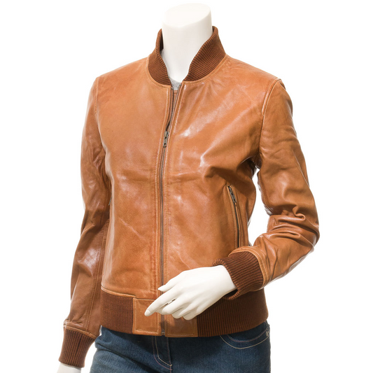 WOMEN'S TAN LEATHER BOMBER JACKET: RAIFORD