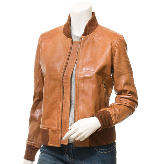 WOMEN'S TAN LEATHER BOMBER JACKET: RAIFORD