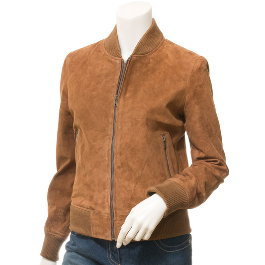 WOMEN'S TAN SUEDE BOMBER JACKET: RAIFORD