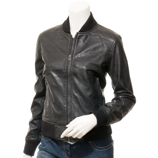 WOMEN'S BLACK LEATHER BOMBER JACKET: RAIFORD