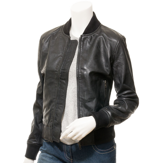 WOMEN'S BLACK LEATHER BOMBER JACKET: RAIFORD