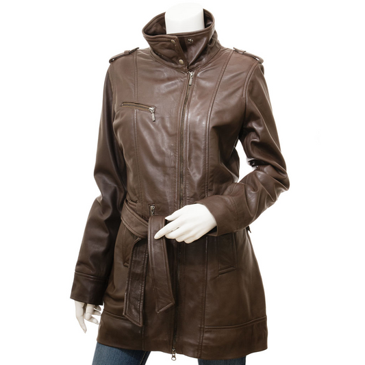 WOMEN'S BROWN LEATHER TRENCH COAT: MADEIRA