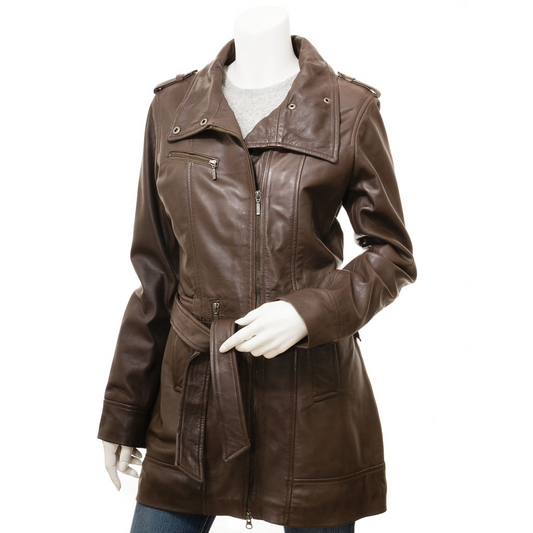 WOMEN'S BROWN LEATHER TRENCH COAT: MADEIRA