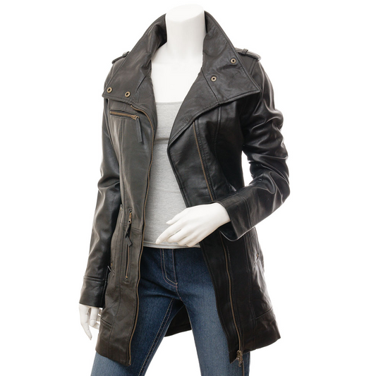 WOMEN'S BLACK LEATHER TRENCH COAT: MADEIRA