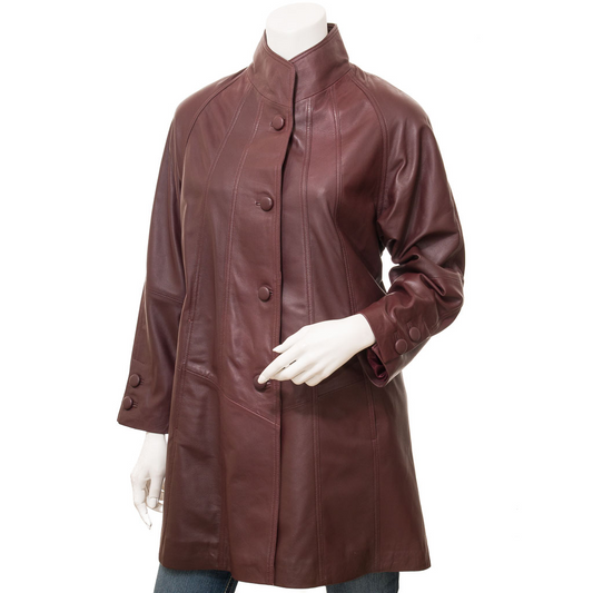 WOMEN'S BURGUNDY LEATHER LONG COAT: LYNN HAVEN