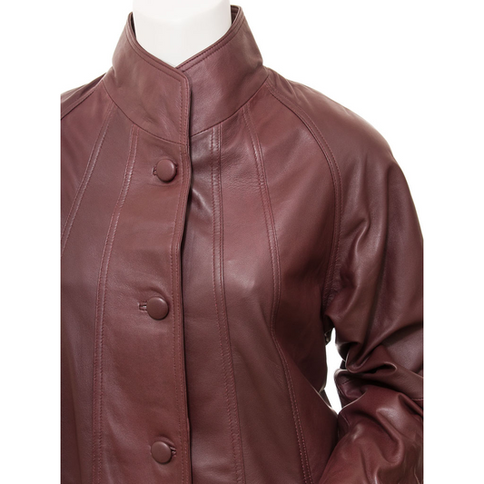 WOMEN'S BURGUNDY LEATHER LONG COAT: LYNN HAVEN