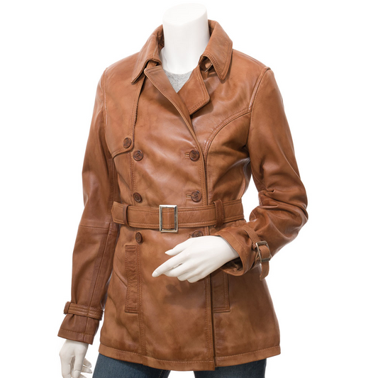 WOMEN'S TAN LEATHER TRENCH COAT: LONGWOOD