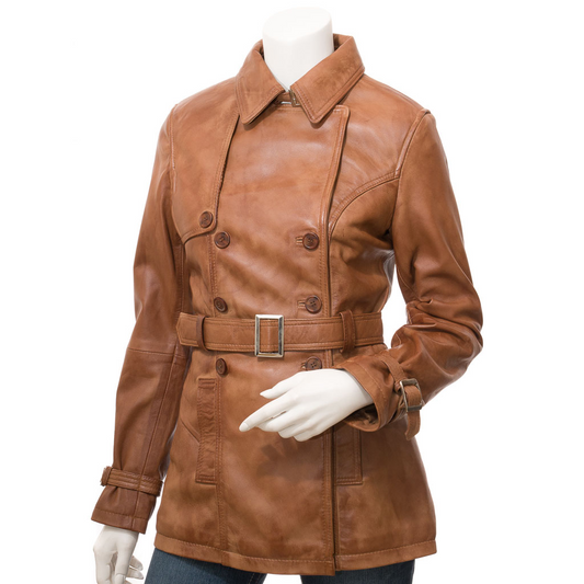 WOMEN'S TAN LEATHER TRENCH COAT: LONGWOOD