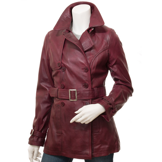 WOMEN'S BURGUNDY LEATHER TRENCH COAT: LONGWOOD