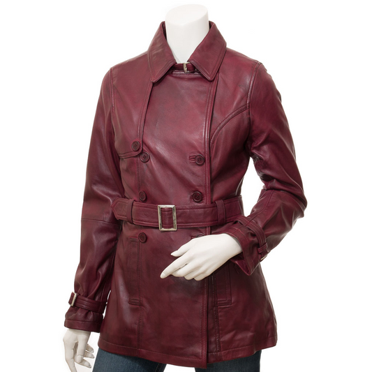 WOMEN'S BURGUNDY LEATHER TRENCH COAT: LONGWOOD