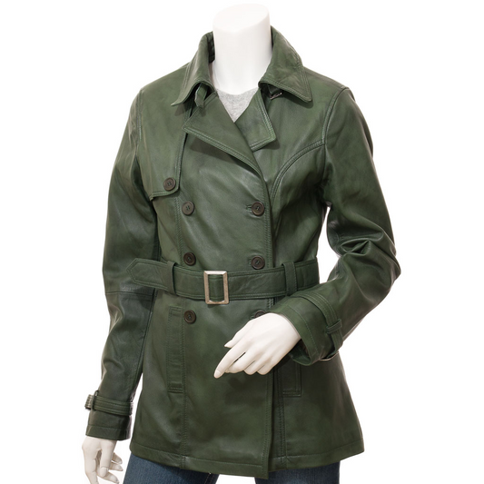 WOMEN'S GREEN LEATHER TRENCH COAT: LONGWOOD