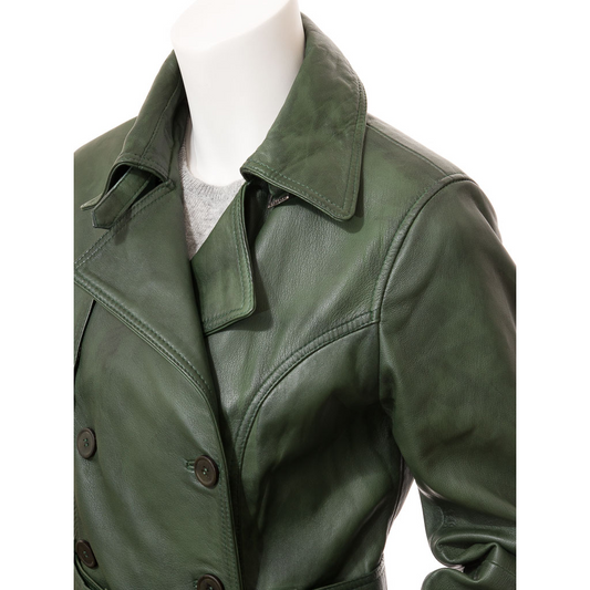 WOMEN'S GREEN LEATHER TRENCH COAT: LONGWOOD