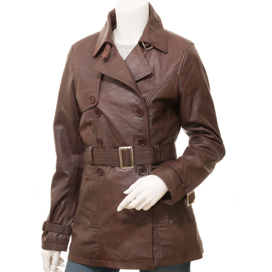 WOMEN'S BROWN LEATHER TRENCH COAT: LONGWOOD