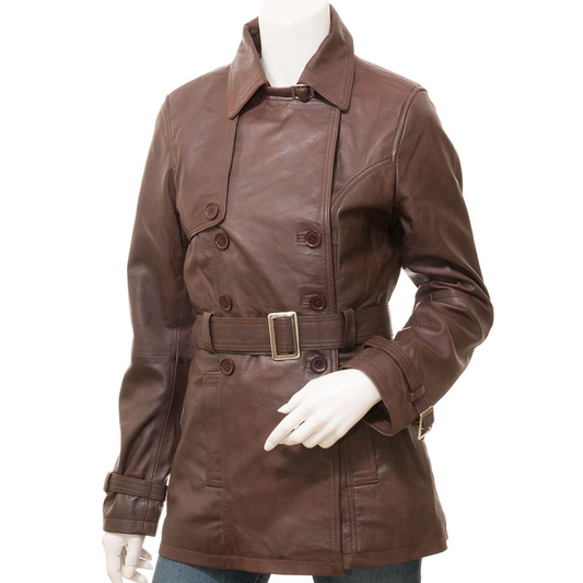 WOMEN'S BROWN LEATHER TRENCH COAT: LONGWOOD