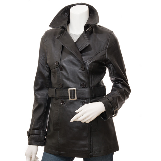 WOMEN'S BLACK LEATHER TRENCH COAT: LONGWOOD