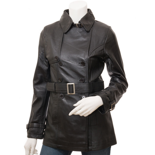 WOMEN'S BLACK LEATHER TRENCH COAT: LONGWOOD