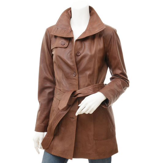 WOMEN'S LEATHER TRENCH COAT IN BROWN: MAITLAND