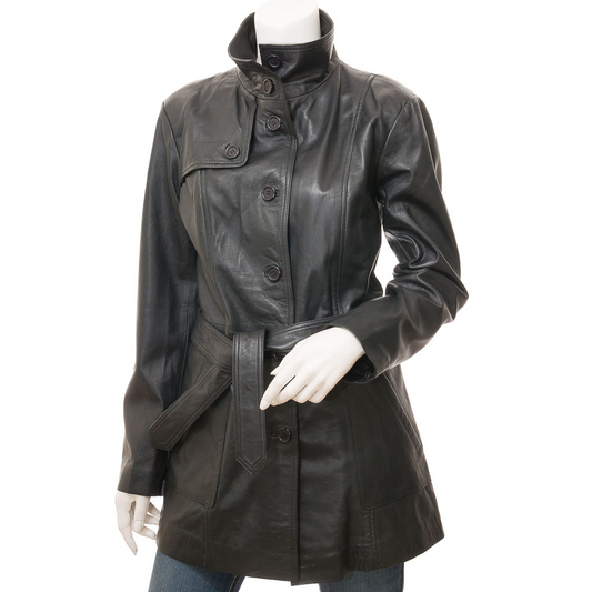 WOMEN'S LEATHER TRENCH COAT IN BLACK: MAITLAND