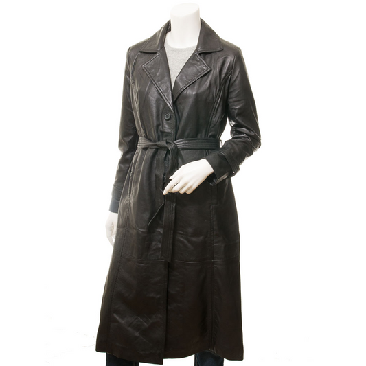 WOMEN'S BLACK LEATHER TRENCH COAT: MELBURRY