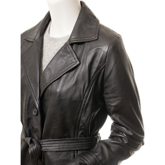 WOMEN'S BLACK LEATHER TRENCH COAT: MELBURRY