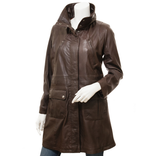 WOMEN'S BROWN LEATHER LONG COAT: SANIBEL