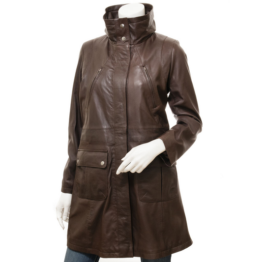 WOMEN'S BROWN LEATHER LONG COAT: SANIBEL