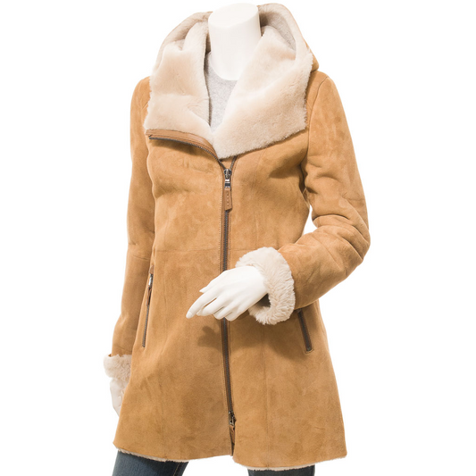 WOMEN'S TAN SHEARLING PARKA COAT: IRVING