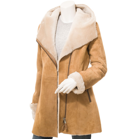 WOMEN'S TAN SHEARLING PARKA COAT: IRVING